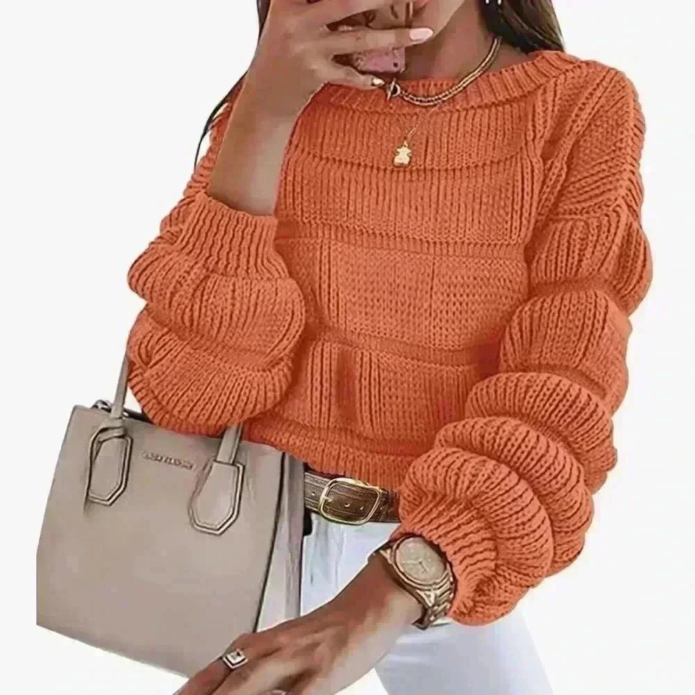 Women’s Medium Pretty Garden Balloon Puff Sleeve Crew Neck Cozy Sweater Rust